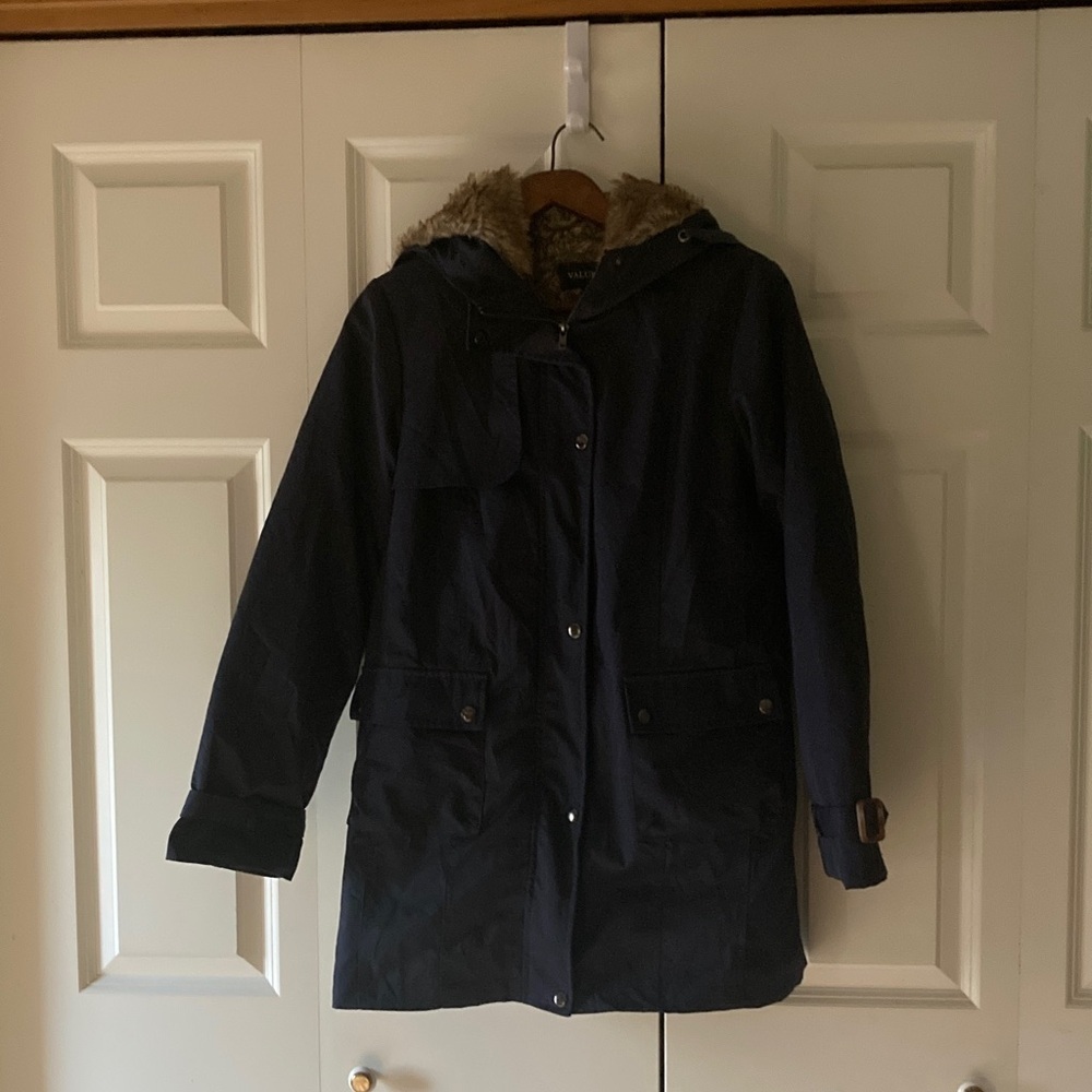 Valuker womens Med. Navy Blue parka removable faux fur lining three seasons cozy